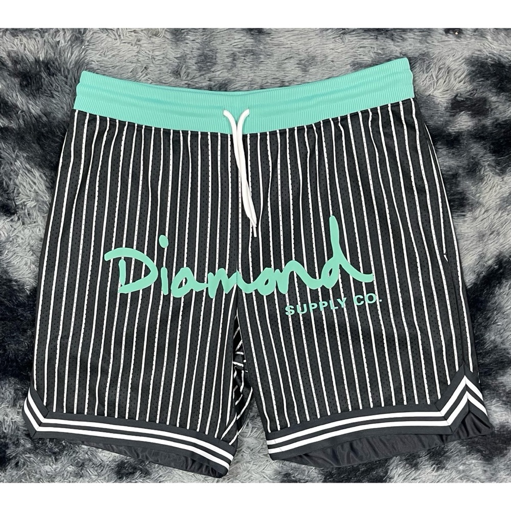 Diamond Supply Co Mesh Black Pinstripe Teal Script Logo Shorts
